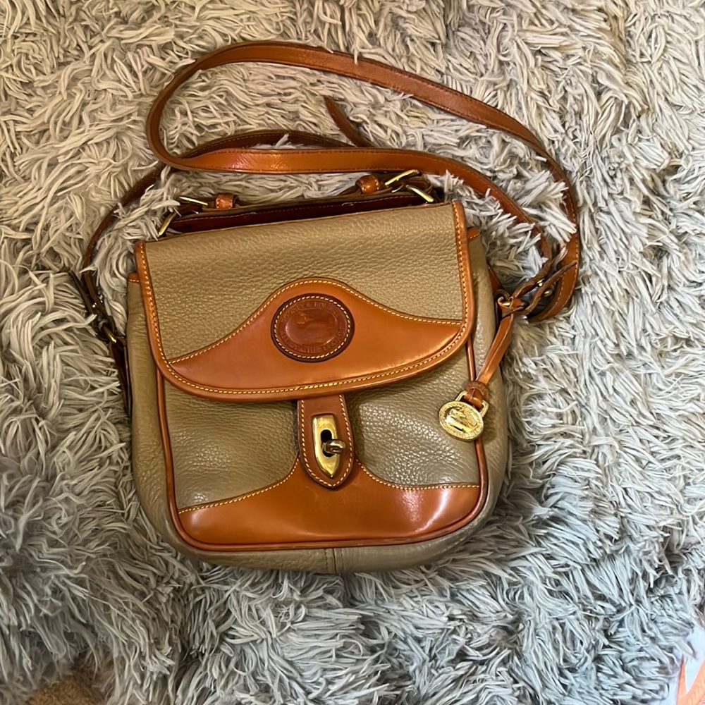 Vintage AUTHENTIC Downey & Bourne Crossbody Bag Taupe with British Tan Leather